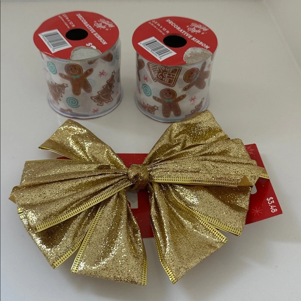 🌸NEW Gold Glitter Bow Decorative and 2 gingerbread Ribbon -